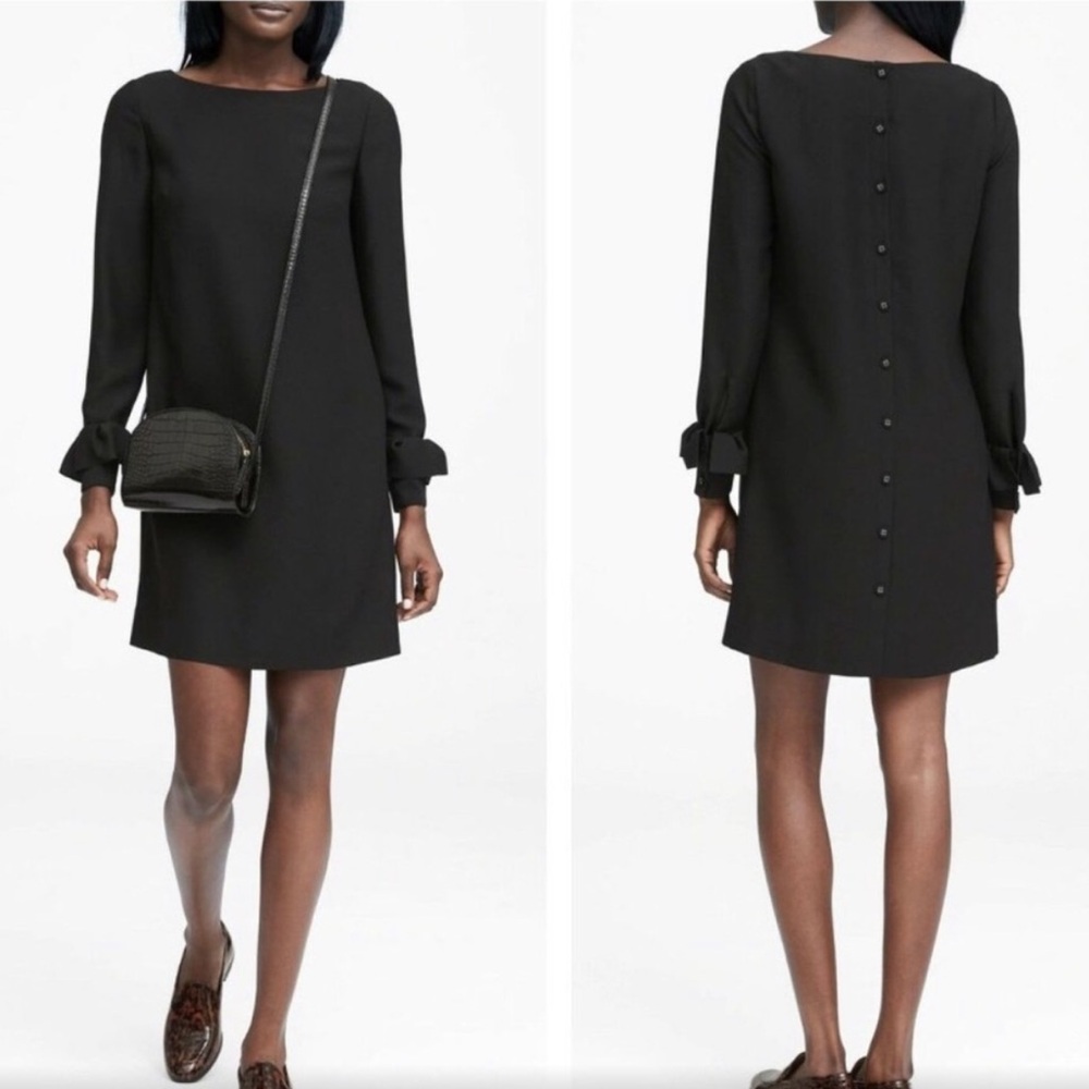 Banana Republic Black Ruffle Cuff Long Sleeve Button Back Shift Mini Dress 10P